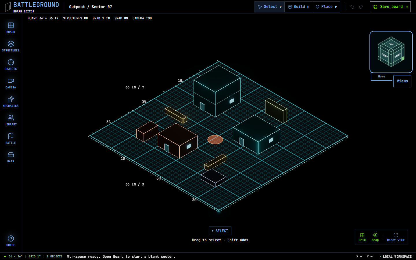 An example tabletop battlefield created in the board editor