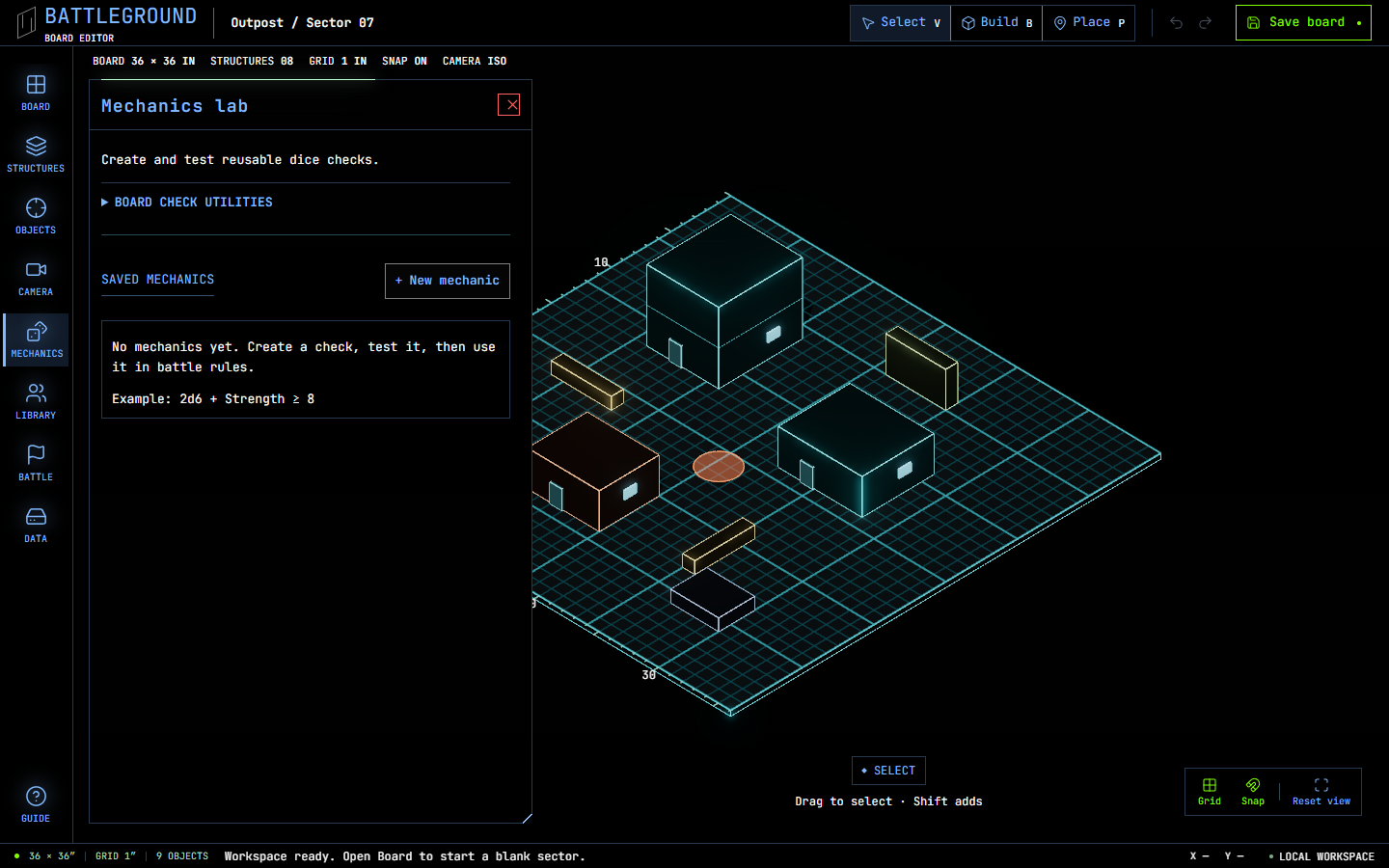 The Battleground Builder mechanics lab for creating and testing reusable dice checks